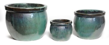 Drie "Celladon" (blauw/groen) geglazuurde aardewerk potten